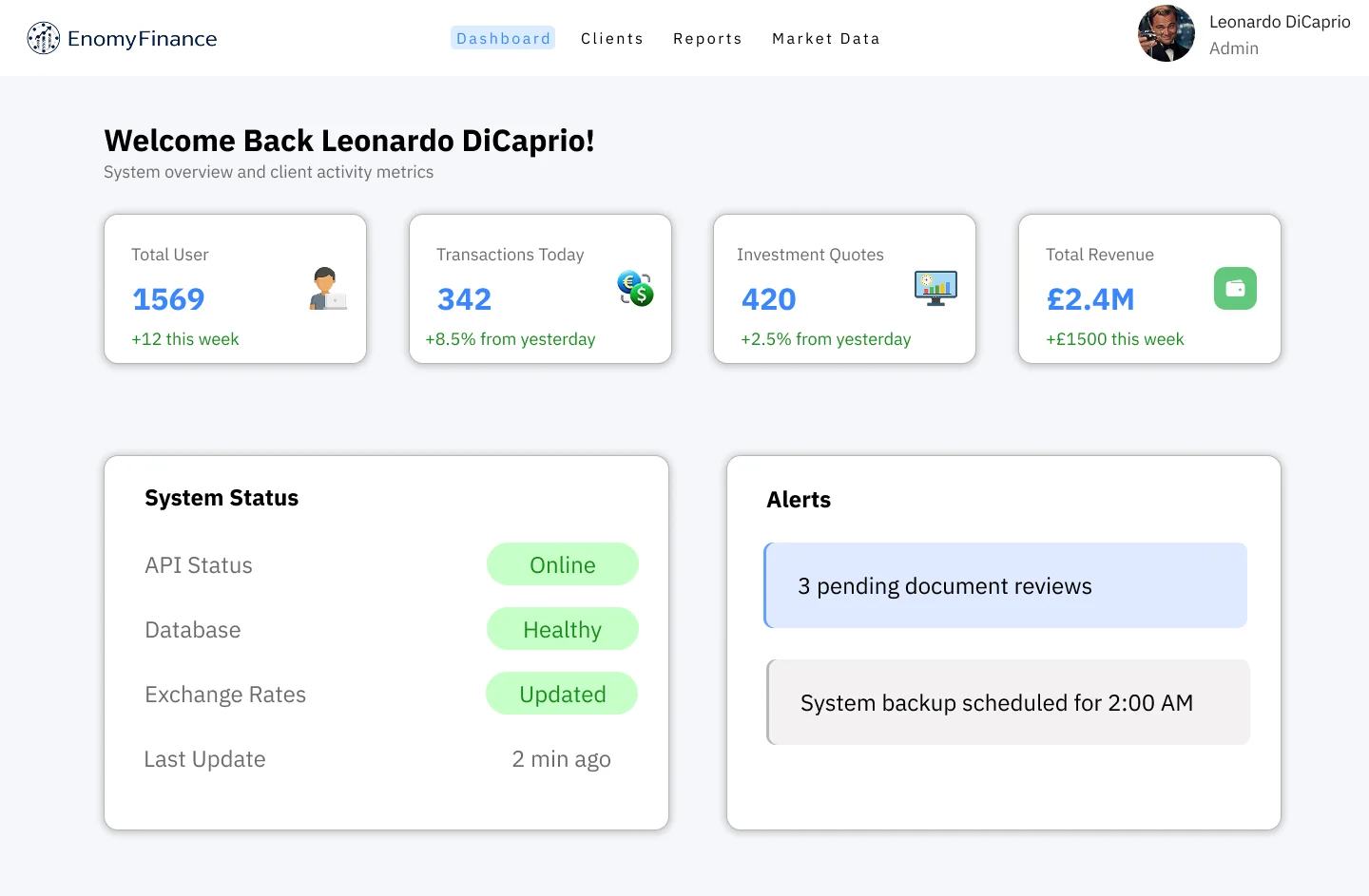 Enomy Finance administrator dashboard