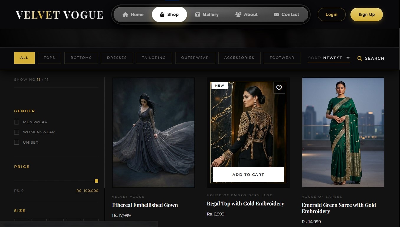 Velvet Vogue catalogue with several active filters