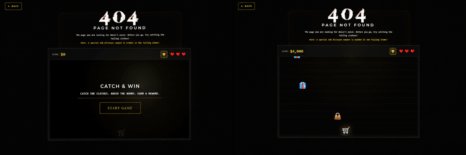 Velvet Vogue custom 404 page with mini game