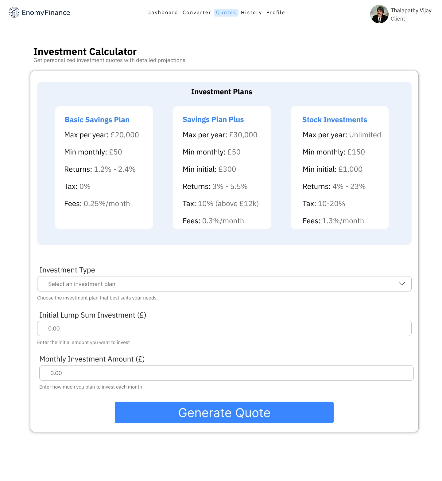 Enomy Finance investment quote generator