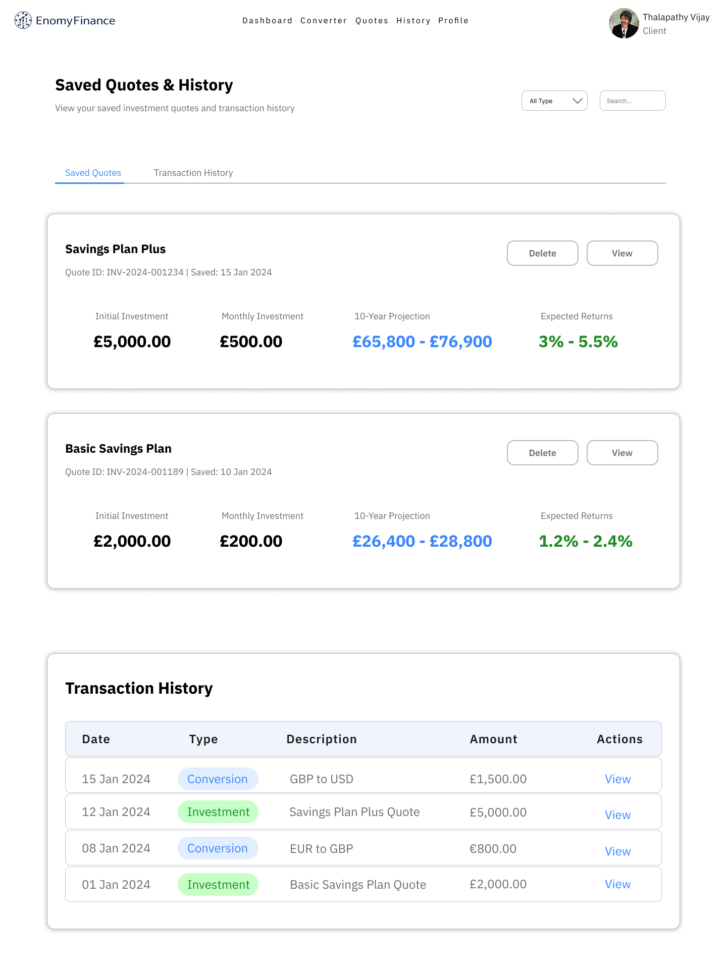 Enomy Finance saved quotes and transaction history