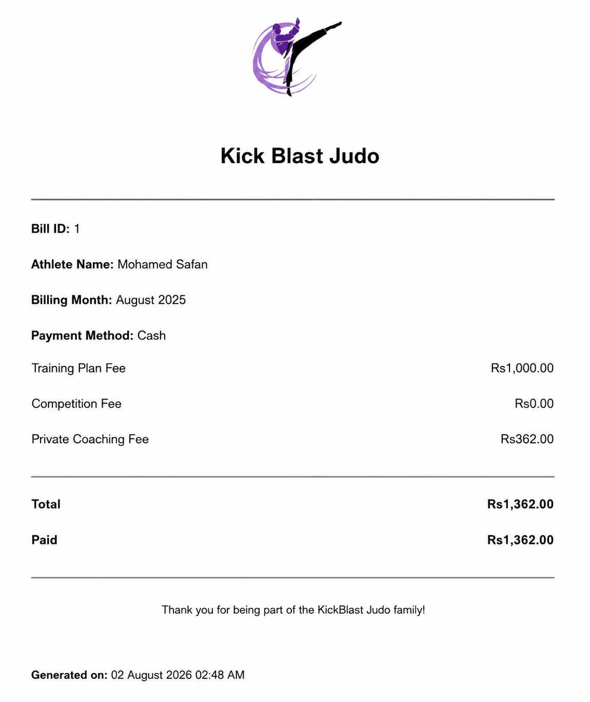 KickBlast Judo generated bill