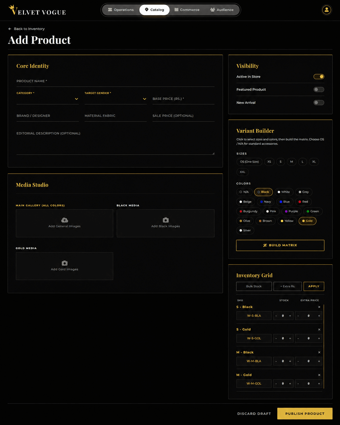 Velvet Vogue administrator add product interface
