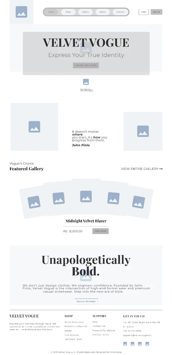 Early Velvet Vogue homepage wireframe